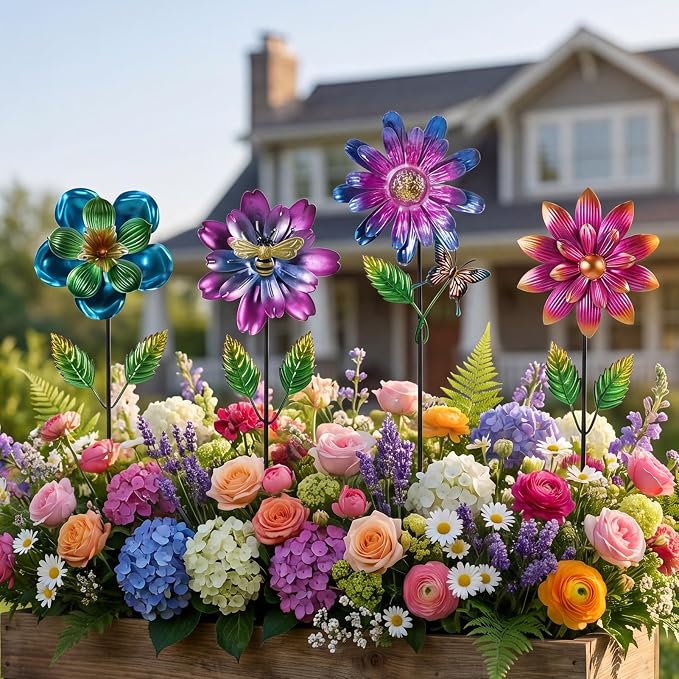 Calenzana Metal Flower Garden Stakes for Outside, 4 Pack Flower Garden Decor with Shaking Head for Yard Porch Lawn Pathway, Multi-Color