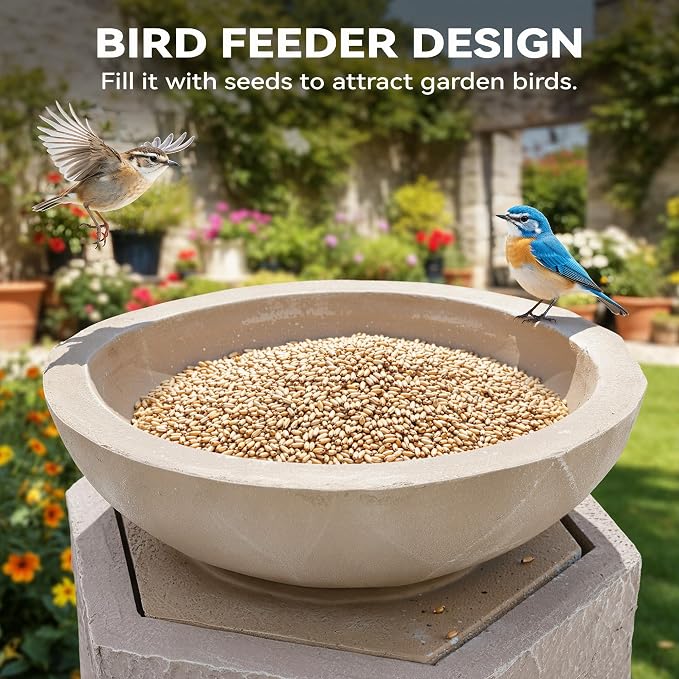 32" Modern Geometric Outdoor Fountain with Birdfeeder | Two Bowls Water Feature with LED Lights, Resin Soothing Cascading Waterfall for Patio, Backyard, Garden or Porch