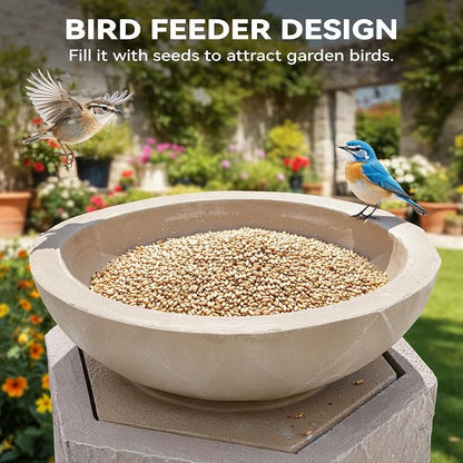 32" Modern Geometric Outdoor Fountain with Birdfeeder | Two Bowls Water Feature with LED Lights, Resin Soothing Cascading Waterfall for Patio, Backyard, Garden or Porch