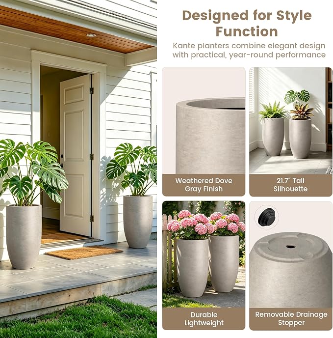 Kante 24" Tall Round Concrete Planter, 2 Pack Large Oval Plant Pots with Drainage Hole & Rubber Plug, Lightweight Weathered Concrete for Home Decor, Symmetrical Gift for Living Room Patio