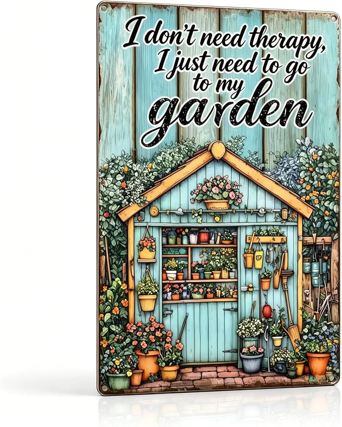 Funny Garden Metal Signs, Vintage Outdoor Wall Decor 8x12 Inch | I Don't Need Therapy, Weatherproof Aluminum Sign for Patio Yard Greenhouse, Gift For Gardeners