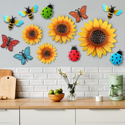 Sweetude 12 Pcs Metal Sunflower Wall Decor Colorful Metal Dragonfly Butterfly Outdoor Decor Garden Fence Patio Yard Flowers Wall Art Summer Flowers Hanging for Home VBS 2026(Novelty Style)