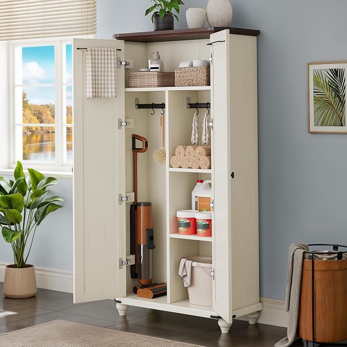 DWVO 4-Tier Storage Cabinet with 2 Shutter Doors, Farmhouse Kitchen Pantry Cabinet with Adjustable Shelves, Wooden Cabinet for Kitchen, Dining Room, Living Room, Office, Rustic White | 4-Tier Storage Cabinet with 2 Shutter Doors, Wooden Cabinet for Kit...