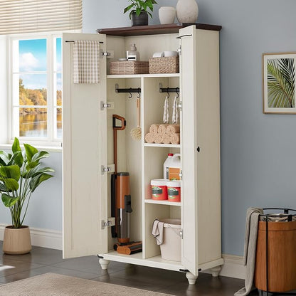 DWVO 4-Tier Storage Cabinet with 2 Shutter Doors, Farmhouse Kitchen Pantry Cabinet with Adjustable Shelves, Wooden Cabinet for Kitchen, Dining Room, Living Room, Office, Rustic White | 4-Tier Storage Cabinet with 2 Shutter Doors, Wooden Cabinet for Kit...
