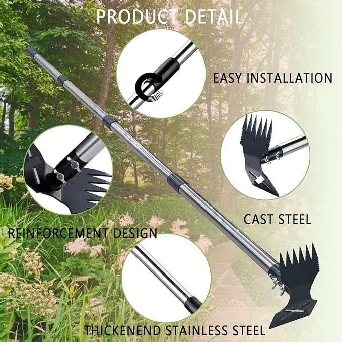 60" Weed Puller Tool with Long Handle, Heavy Duty 2-in-1 Weed Rake and Garden Hoe, Manual Weed Remover Tool for Yard, Lawn, Patio, Garden