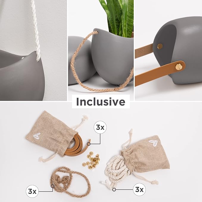 Kazai. Wall Planters -Ellie- | Hanging Ceramic Plant Pots 3 Pieces | Wall Decoration for Indoors, Balcony and Garden | Gray (Matte)