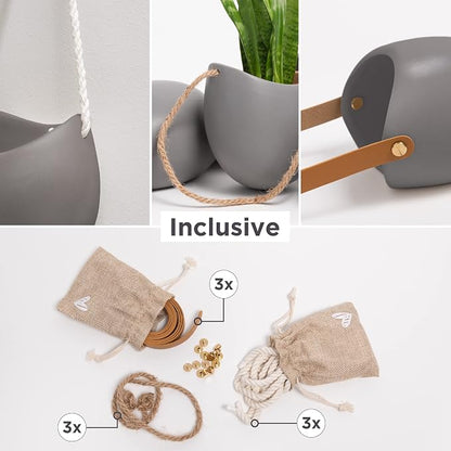 Kazai. Wall Planters -Ellie- | Hanging Ceramic Plant Pots 3 Pieces | Wall Decoration for Indoors, Balcony and Garden | Gray (Matte)