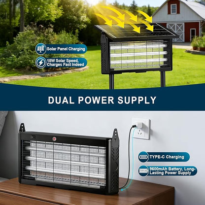 Solar Bug Zapper Outdoor 18W | 9600mAh, 365–395nm UV, Dusk-Dawn Sensor, IPX5 Waterproof, 20ft Cord, Indoor & Outdoor for Home, Patio, Garden, Deck, Camping