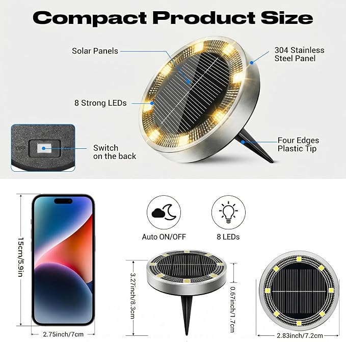 Peasur Solar Ground Lights Outdoor, 6 Pack Flat Solar Powered Disc Lights, IP68 Waterproof, Anti-Rust, Landscape Lighting for Pathway Garden Yard Lawn Walkway Landscape Driveway, Mini, Warm White