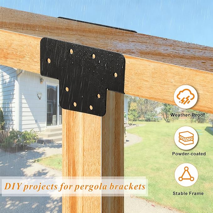 Ertuohg 2 Pcs Pergola Kit T Shaped 4x4 (Actual Size 3.57"x3.57"), Heavy Duty Woodwork DIY Pergola Brackets Kit, 4x4 3 Way T Bracket for Pergolas and Gardens, Matte Black
