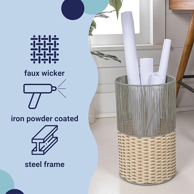 happimess HPM1101B Harper Modern 4.13-Gallon 2-Tone Faux Wicker Cylinder Waste Basket, Gray/Cream for Home, Bathroom, Living Room, Office, Bedroom, Kitchen