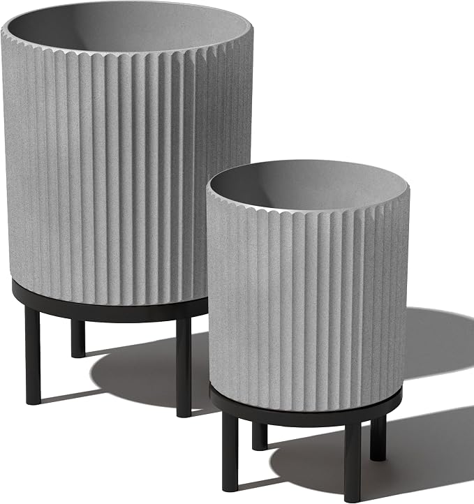 Veradek Demi Series Round Planter w/Stand for Porch/Patio | Durable Plastic-Stone Composite & Wooden Stand | Modern Décor for Tall Plants, Flowers
