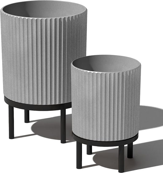Veradek Demi Series Round Planter w/Stand for Porch/Patio | Durable Plastic-Stone Composite & Wooden Stand | Modern Décor for Tall Plants, Flowers