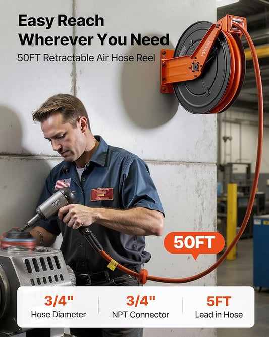 VEVOR Retractable Air Hose Reel, 3/4 Inch x 50 FT PVC Air Hose Max 300PSI, Auto Rewind Air-Compressor Hoses Reel with 5 ft Lead in, Ceiling/Wall Mount Heavy Duty Steel Double Arm