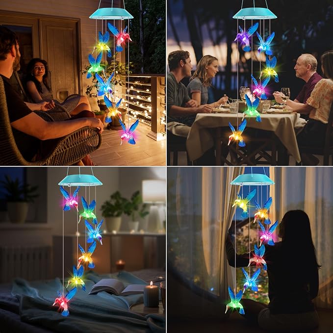 Solar Hummingbird Gift for Mom Grandma Girls, Color Changing Solar Wind Chimes for Outside, Outdoor Decorative Mobile Lights for Garden, Patio, Window, Party Decors, Gift for Women