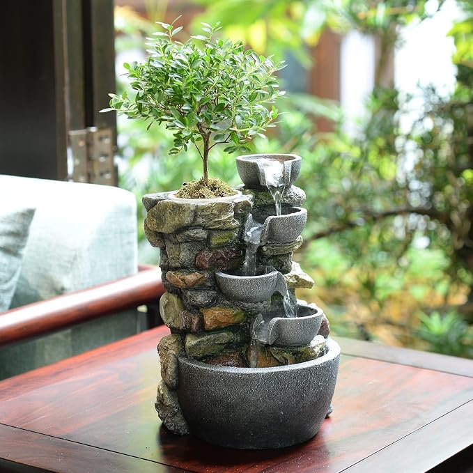 Haobos Indoor Fountain 4-Bowl Rockery Soothing Sound Tabletop Fountains Home/Office Decor Gift for Mom,Mother Day Present with A Small Plastic Pot to Grow Plant/Hebs By Yourself (Automatic Watering)