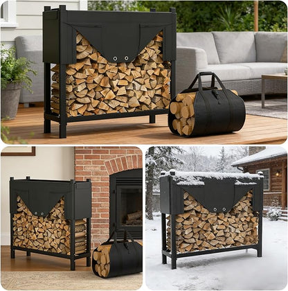 WALMANN Heavy-Duty Firewood Rack with Waterproof Cover & Firewood Carry Bag, 4 ft Outdoor Indoor Wood Log Holder for Fireplace, Patio & Porch, Sturdy Steel Fire Wood Storage Stand
