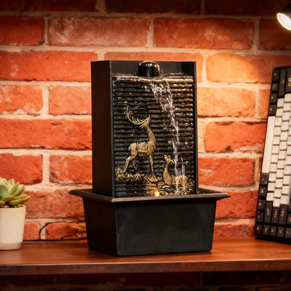 Water Wall Waterfall Fountain, Gold Deer Relief Wall Fountain for Home Office, Indoor Zen Vertical Waterfall with Warm Light for Zen Relaxation & Decor