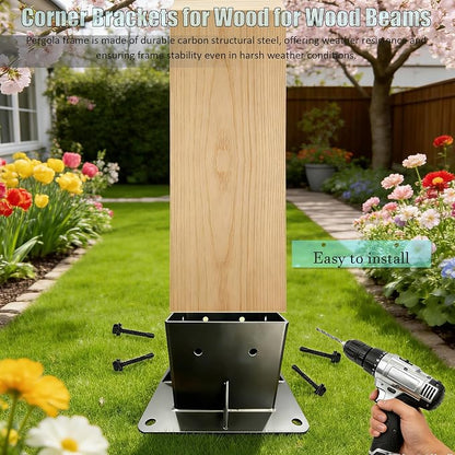 2 PCS Post Base Set Pergola Bracket Kit, Pergola Kits to Build Yourself | 4x4 Corner Brackets for Wood for Wood Beams, Corner Brackets for Do It Yourself Pergola Kits Outdoor Gazebo Patio Log Cabin