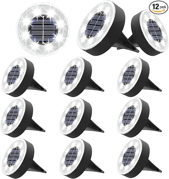 Joomer Solar Ground Lights Outdoor Waterproof, 12 Pack 8 LED, White | Solar Powered Garden Lights Disc Landscape Lighting Outdoor for Patio Pathway Lawn Yard Driveway Walkway outside