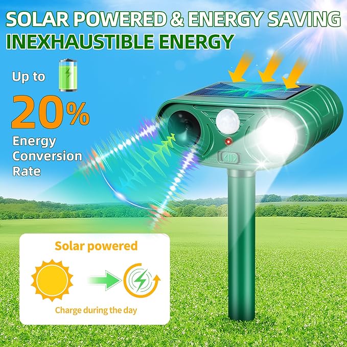 Solar Ultrasonic Animal Repellent Activated Deterrent for Deer | Cat, Squirrel, Raccoon, Rabbit & Bird, Waterproof Outdoor Animal Repeller with LED Strobe for Yard, Garden & Orchard