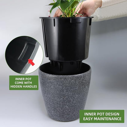 Dexceder 15x14 Self Watering Planter with Wheels (Stone Matte) | Inner Pot Design, Thickened Large Floor Standing Flower Plant Pot with Water Level Indicator Indoor Outdoor