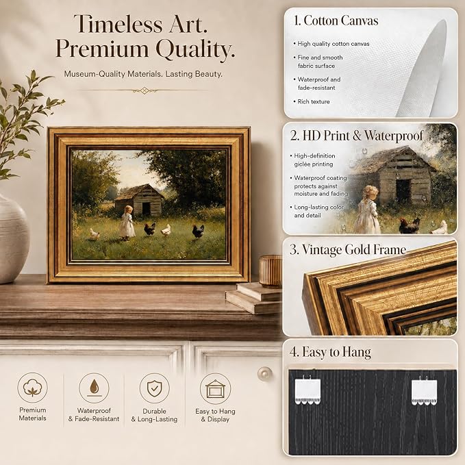 Devunaty Gold Framed Country Canvas Wall Art, Vintage Farm Girl with Chickens Poster Print, Rustic Landscape Painting Picture, Pastoral Farmhouse Artwork Wall Decor for Bedroom Nursery Bathroom 12x16in