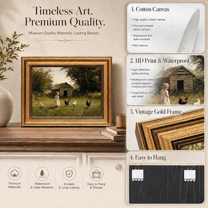Devunaty Gold Framed Country Canvas Wall Art, Vintage Farm Girl with Chickens Poster Print, Rustic Landscape Painting Picture, Pastoral Farmhouse Artwork Wall Decor for Bedroom Nursery Bathroom 12x16in