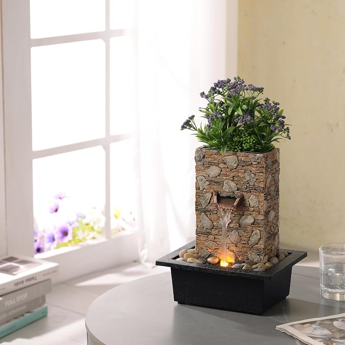 Kalona Tabletop Waterfall Fountain, Zen Fountain for Home Office Decor with LED Lights, Relaxing Indoor Water Feature with Realistic Stone Look for Meditation(23111)
