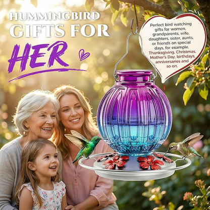 Glass Hummingbird Feeder for Outdoors Hanging, 26Oz Bird Nectar Feeder with Perch & 5 Flower Feeding Ports, Leak Proof for Outside Garden Decor Backyard, Gifts for Women Mom, Purple & Blue