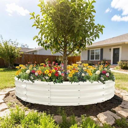 12 Inch Tall 72 Inch Diameter Round White Raised Garden Bed Kits Outdoor | 1 FT Tall,6 FT Planter Bed for Flowers,Herbs,Vegetables,Trees,0.8MM Thick Galvanized Metal Painted,with Gloves,Tool free