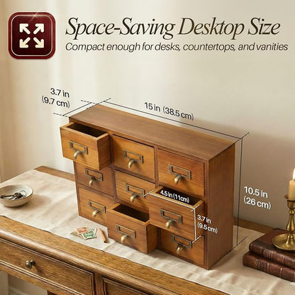 Flexzion Apothecary Cabinet with Drawers - 9 Vintage Drawers, Card Catalog Cabinet, Brown Wooden Tabletop Desktop Organizer for Home Office, Jewelry, Makeup, Tools & Small Item Storage