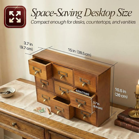 Flexzion Apothecary Cabinet with Drawers - 9 Vintage Drawers, Card Catalog Cabinet, Brown Wooden Tabletop Desktop Organizer for Home Office, Jewelry, Makeup, Tools & Small Item Storage
