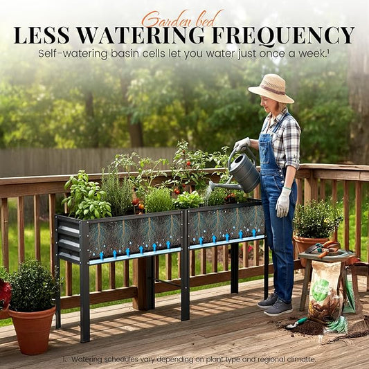 KING BIRD Raised Garden Bed with Legs & Water Storage Tank Galvanized Elevated Planter Box 80×17×31.5 in for Backyard, Patio, Balcony, 500lb Capacity, Dark Grey