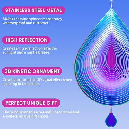 Stainless Steel Wind Spinner Outdoor Garden Decor, Gifts for Women Mom, 3D Metal Reflective Hanging Wind Spinners Sculpture for Outside Patio Garden Yard Porch Decorations (Colorful Droplet, 12 Inch)