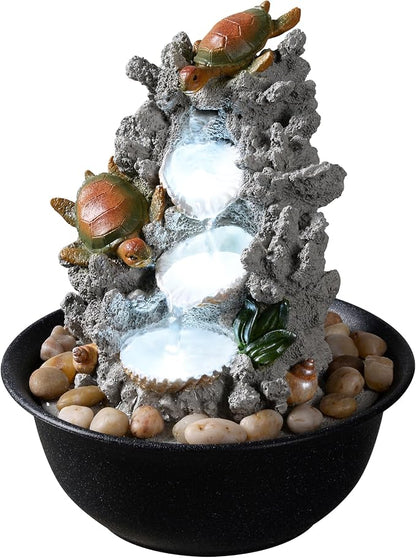Indoor Tabletop Turtle Water Fountain with LED Light – Coastal Sea Life Desk Waterfall Feature with Soothing Sounds and River Rocks, Ocean Zen Decor for Home Office