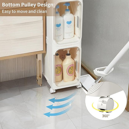 LXLXXL 5-Tier Narrow Storage Cabinet Slim Bathroom Storage Cabinet with Movable Wheels Tall Bathroom Organizer Skinny Cabinet for Small Spaces，Beige