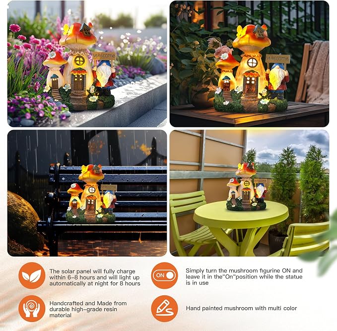 Json Solar Garden Statue Lights Mushroom Fairy House Figurine, Outdoor Memorial Garden Ornaments Waterproof Decoration for Fairy Garden,Outside Patio Yard Lawn Pathway Decor