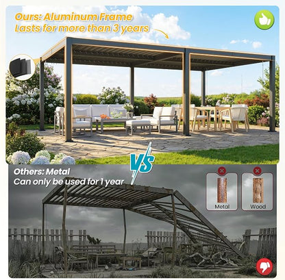 Louvered Pergola, 12' x 20' Outdoor Pergola, Aluminum Frame Patio Gazebo with Adjustable Louvers Roof & Integrated Gutter System, Outdoor Hardtop Gazebo for Patio, Backyard, Deck, Garden, Dark Gray