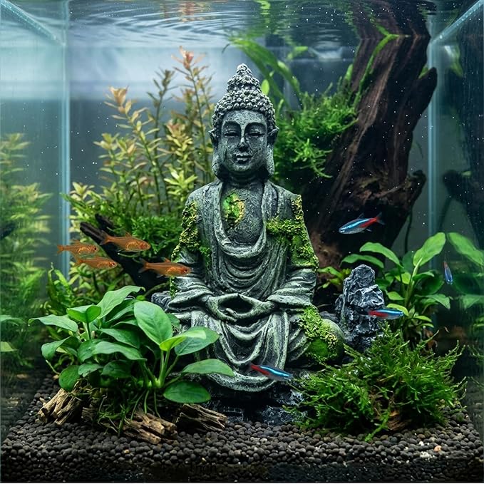Meditating Buddha Statue, Large Aquarium Decor Accessories, Resin Zen Garden Decor for Aquarium Fish Tank, Outdoor Patio and Indoor Home Office Shelf (Gray Buddha)