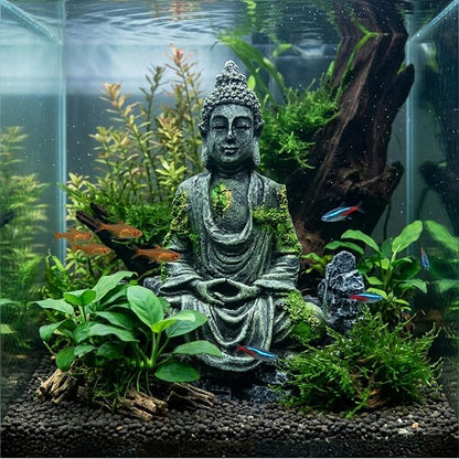 Meditating Buddha Statue, Large Aquarium Decor Accessories, Resin Zen Garden Decor for Aquarium Fish Tank, Outdoor Patio and Indoor Home Office Shelf (Gray Buddha)