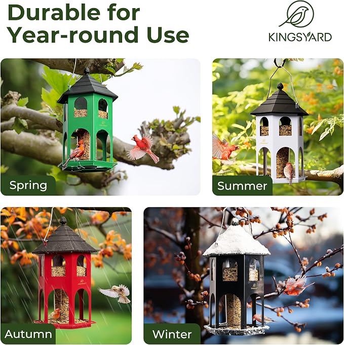 Kingsyard Metal Bird Feeder for Outdoor Hanging, Wild Bird Feeders with Circular Perch, Easy to Clean & Refill, 4 lbs Large Seed Capacity, Red