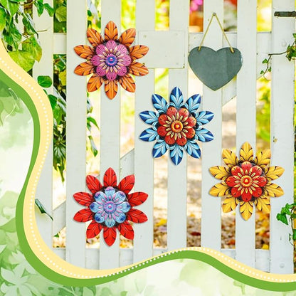 BINBE 4Pcs Metal Flower Wall Decor Outdoor Garden Hanging Sculpture 4 Styles Colorful Metal Flower Decor for Patio Garden Fence Yard Patio Balcony Living Room