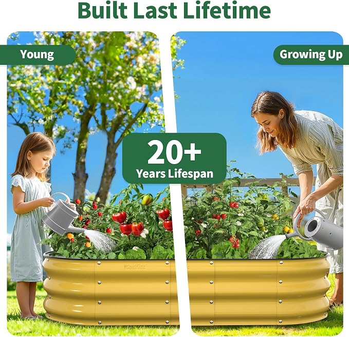 Kesfitt Raised Garden Bed, 4x2x1 FT Galvanized Steel Metal Raised Garden Bed, Oval Open-Bottom Design, 12-Inch Deep for Outdoor Vegetable & Herb Gardening, Creamy Yellow