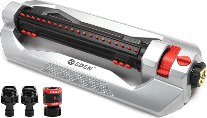 Eden 94116 Heavy Duty Metal 3-Way Oscillating Sprinkler for Large Lawn and Garden W/Quick Connect Starter Set
