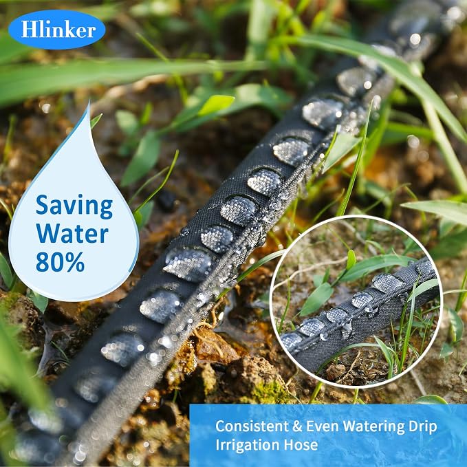 Hlinker Flat Soaker Hose 50 FT for Garden Beds, 50Ft 1/2" Linkable Consistent Drip Irrigation Hose Save 80% Water, Leakproof Heavy Duty Double Layer Sprinkler Hose