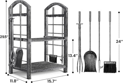 AMAGABELI GARDEN & HOME Firewood Rack Indoor with Tools 5-Piece Fireplace Tools Set Wood Holder Wrought Iron Log Holder Firewood Storage Rack for Fireplace,Fire Pit,Wood Stove Antique Silver