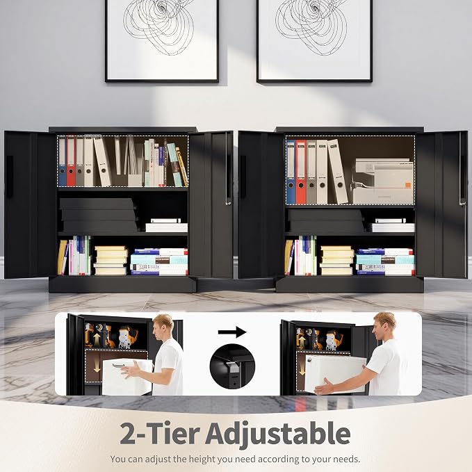 36"H Storage Cabinet with Doors and Shelves, Metal Cabinet with Lock, Steel Locking File Cabinet, Lockable Storage Cabinet, Garage Cabinet, Tool Cabinet for Home, Office,Garage, School, Black
