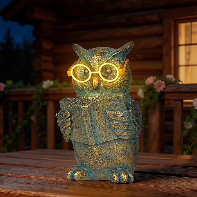 Reading Owl Statue with Solar Glasses Bronze Resin Garden Decoration Outdoor Figurine Light for Patio, Yard, Lawn, Housewarming Home Decor Gift for Women