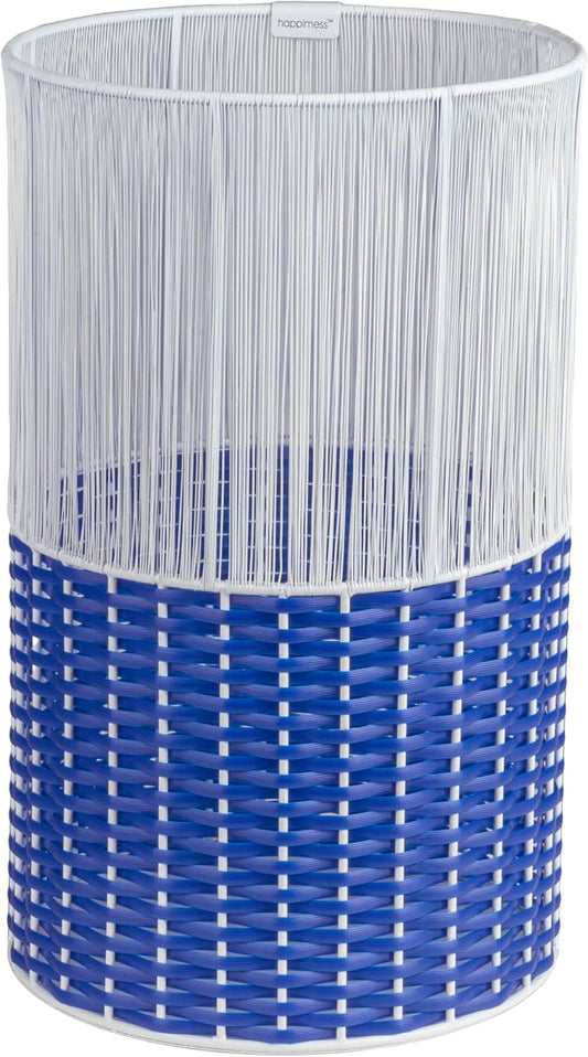 happimess HPM1101A Harper Modern 4.13-Gallon 2-Tone Faux Wicker Cylinder Waste Basket, White/Blue for Home, Bathroom, Living Room, Office, Bedroom, Kitchen